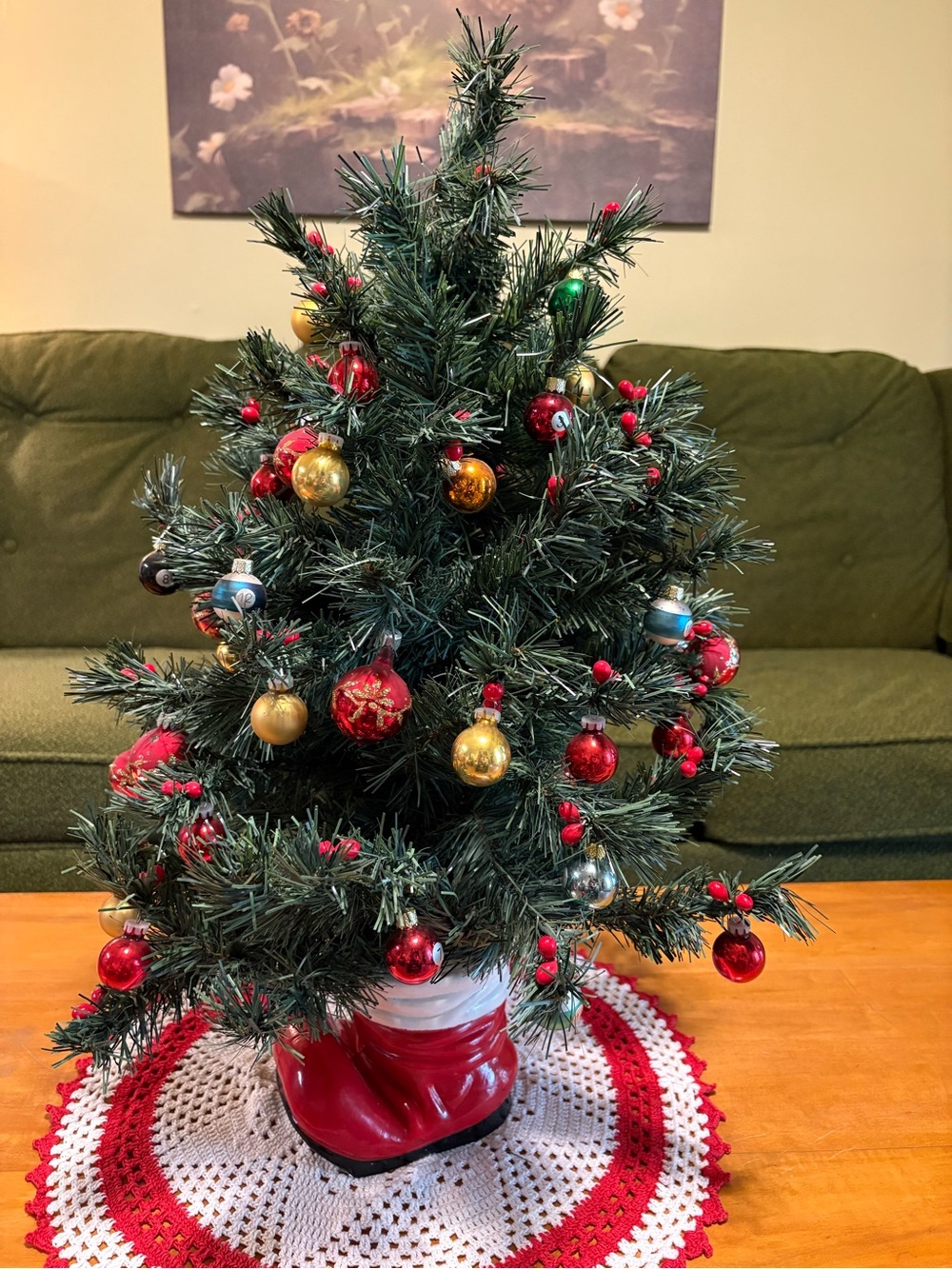 Vintage 1950s Artificial Christmas Tree in Santa bootwith Red and Gold Ornaments